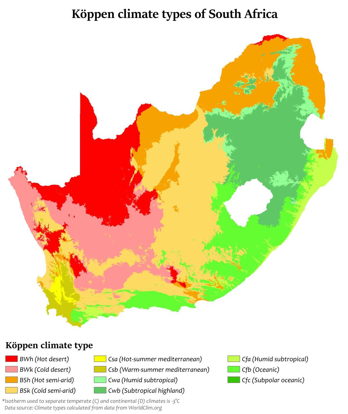 خريطة درجة الحرارة في جنوب أفريقيا