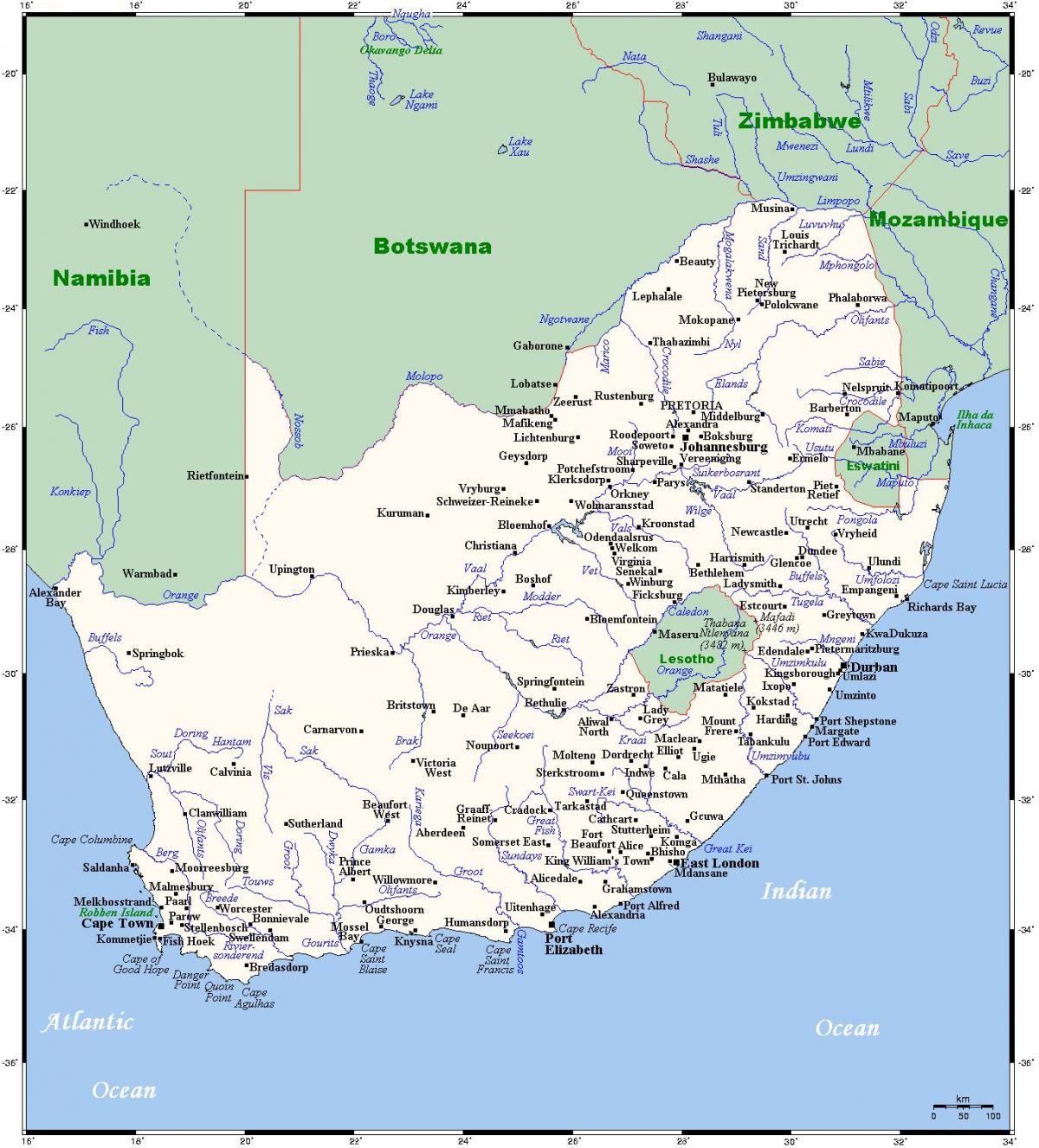 خريطة الأنهار في جنوب أفريقيا