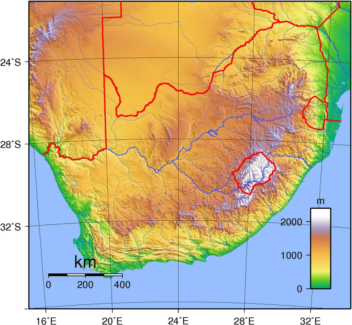 خريطة طبوغرافية لجنوب أفريقيا